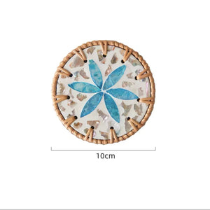 NNEDSZ 4 Pcs Khaki Background With Blue flower Handcrafted Rattan Coaster with Natural Shell Inlay - Decorative & Heat Insulating Drink Mat