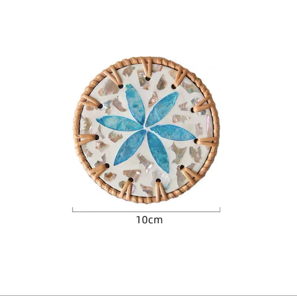 NNEDSZ 4 Pcs Khaki Background With Blue flower Handcrafted Rattan Coaster with Natural Shell Inlay - Decorative & Heat Insulating Drink Mat