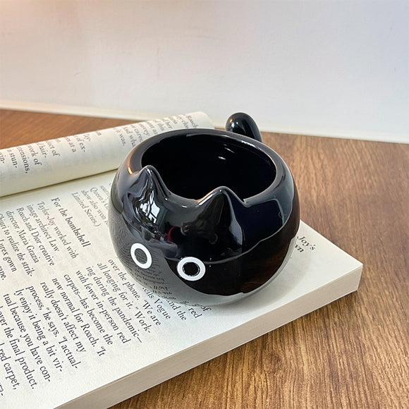NNEDSZ Black Adorable Ceramic Cat Mug - Cute Creative Coffee Cup with Tail Handle (210ml)