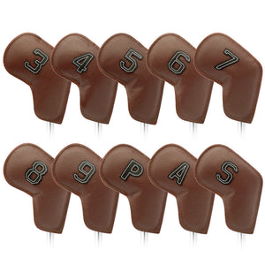 NNEDSZ Brown Golf Iron Head Covers Set of 10 - Waterproof PU Leather Club Protectors with Embroidered Numbers (3-9, P, A, S)