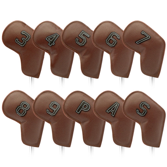 NNEDSZ Brown Golf Iron Head Covers Set of 10 - Waterproof PU Leather Club Protectors with Embroidered Numbers (3-9, P, A, S)