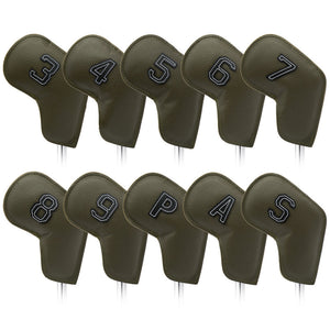 NNEDSZ Gray Green Golf Iron Head Covers Set of 10 - Waterproof PU Leather Club Protectors with Embroidered Numbers (3-9, P, A, S)