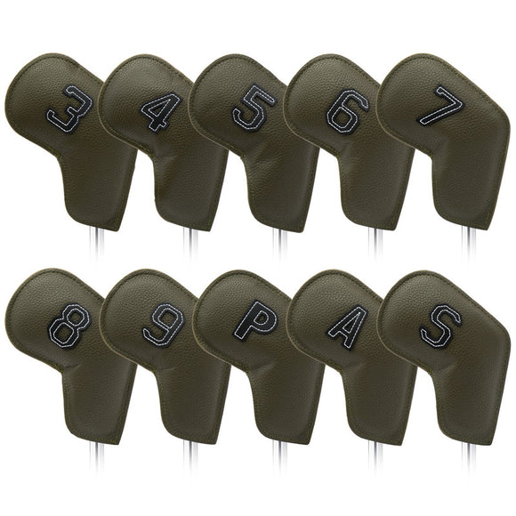 NNEDSZ Gray Green Golf Iron Head Covers Set of 10 - Waterproof PU Leather Club Protectors with Embroidered Numbers (3-9, P, A, S)