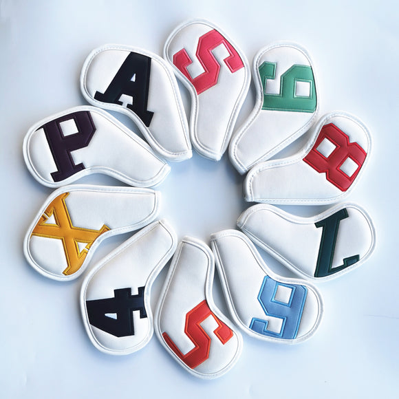 NNEDSZ Colorful Words On White Background PU Leather Golf Iron Headcovers Set (10pcs) - Numbered Protective Club Covers (4-9, P, A, S, L) Universal Fit