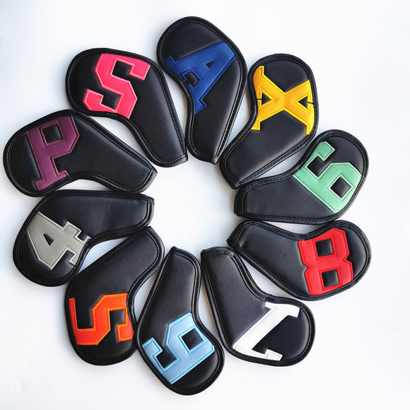 NNEDSZ Colorful Words On Black Background PU Leather Golf Iron Headcovers Set (10pcs) - Numbered Protective Club Covers (4-9, P, A, S, L) Universal Fit