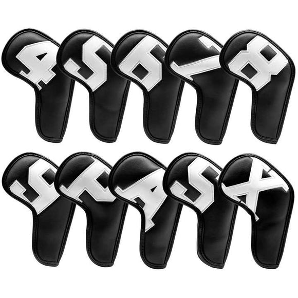 NNEDSZ White Words On Black Background PU Leather Golf Iron Headcovers Set (10pcs) - Numbered Protective Club Covers (4-9, P, A, S, L) Universal Fit
