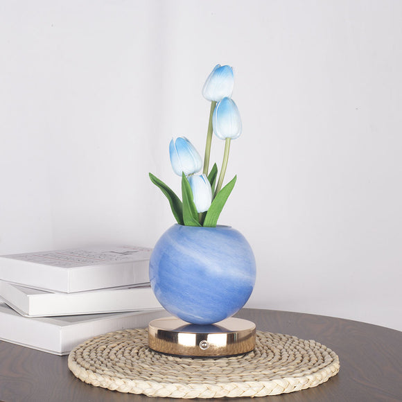 NNEDSZ Blue Tulip Night Light with Realistic Bouquet - Dreamy Planet LED Mood Lamp for Bedroom Decor with 3-Color Touch Dimming