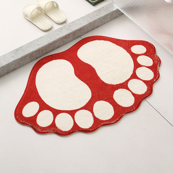NNEDSZ 2 Pcs Red And White Foot-Shaped Plush Bath Mat - Non-Slip Absorbent Bathroom Rug for Bedroom and Doorway (50x80cm)