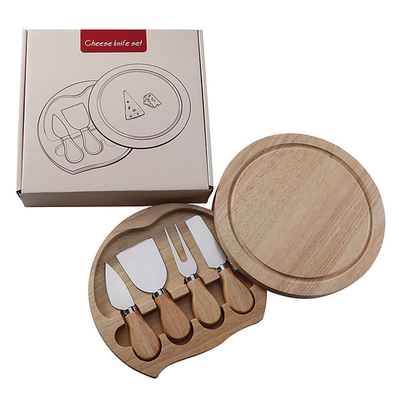 NNEDSZ Brown And Silver Compact Round Rubberwood Cheese Board Set | 4 Stainless Steel Knives & Tools