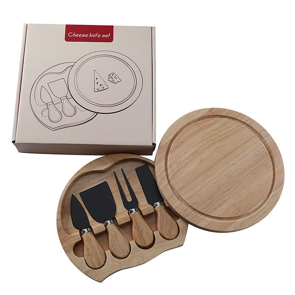 NNEDSZ Brown And Black Compact Round Rubberwood Cheese Board Set | 4 Stainless Steel Knives & Tools
