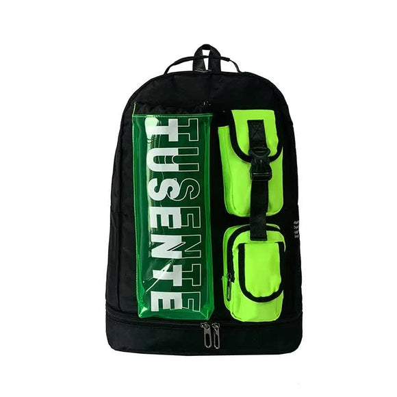NNEDSZ Green And Black Stylish Sports Backpack with Contrast Pockets - Unisex Gym Bag for Badminton & Tennis