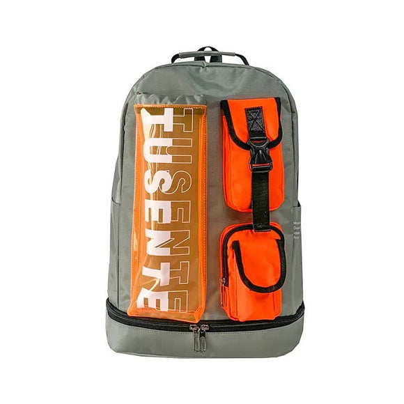 NNEDSZ Orange And Grey Stylish Sports Backpack with Contrast Pockets - Unisex Gym Bag for Badminton & Tennis