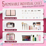 NNEDSZ Travel Makeup Organizer Bag - 4 Detachable Compartments, Jewelry Roll & Multiple Pouches
