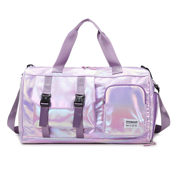 NNEDSZ Light Purple Iridescent Gym Bag with Wet-Dry Separation - Large Capacity Travel and Fitness Duffel