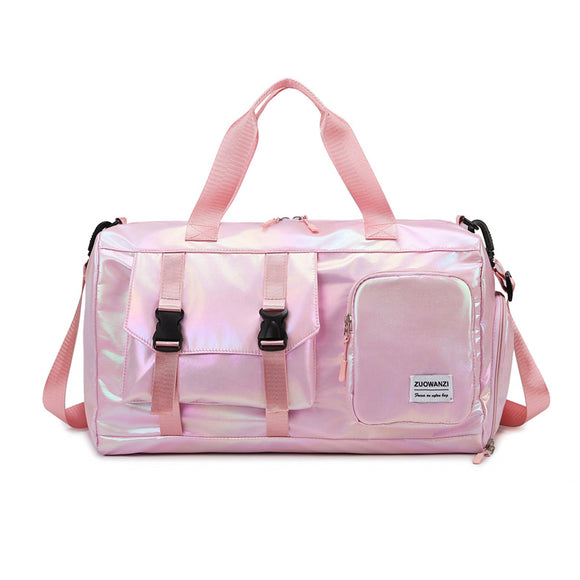 NNEDSZ Light Pink Iridescent Gym Bag with Wet-Dry Separation - Large Capacity Travel and Fitness Duffel
