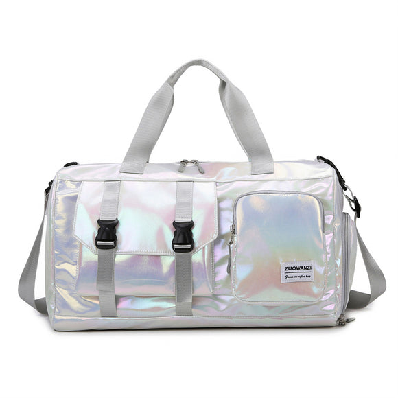 NNEDSZ White Iridescent Gym Bag with Wet-Dry Separation - Large Capacity Travel and Fitness Duffel