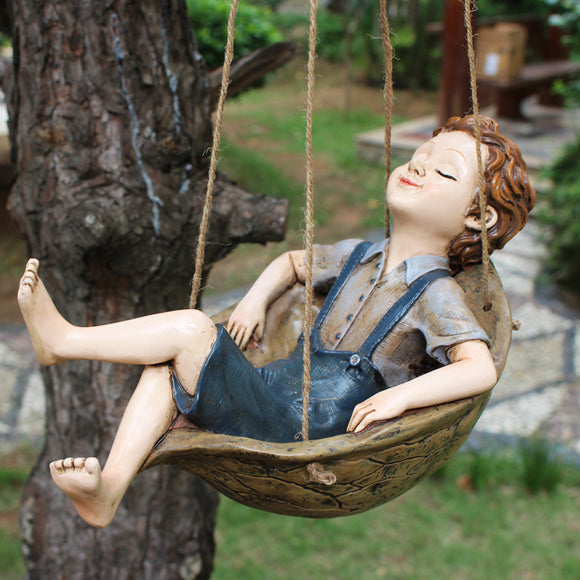 NNEDSZ Walnut Boy Swing Resin Ornament - 20.5x11x12.5cm Charming Garden Hanging Decor for Trees & Patios