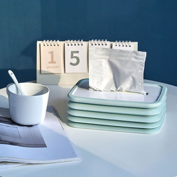 NNEDSZ 2-pcs Blue Silicone Tissue Box Holder - Automatic Self-Lowering Dispenser