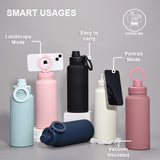 Grey 1L Stainless Steel Water Bottle with Magnetic Phone Holder Lid - Portable Hydration & Hands-Free Stand