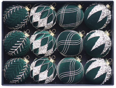 NNEDSZ Green 12-Piece 8cm Christmas Bauble Set - Colorful Flocked Tree Ornaments