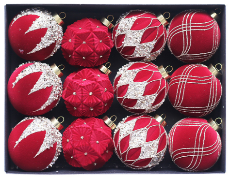 NNEDSZ Red 12-Piece 8cm Christmas Bauble Set - Colorful Flocked Tree Ornaments