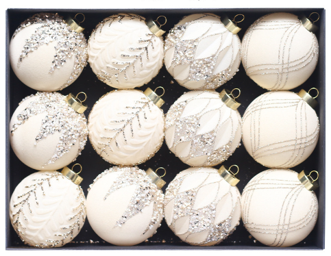 NNEDSZ Beige-yellow 12-Piece 8cm Christmas Bauble Set - Colorful Flocked Tree Ornaments