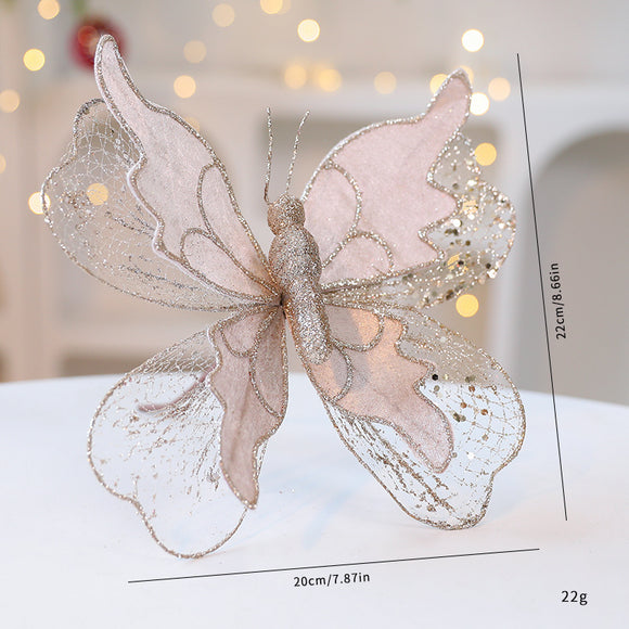 NNEDSZ Champagne Gold Large Glitter Butterfly Christmas Ornaments (Set of 2) - Clip-On Decorations for Trees & Wreaths