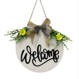 NNEDSZ White Rustic 'Hello' Welcome Sign - Farmhouse Round Wooden Wreath for Front Door Decor
