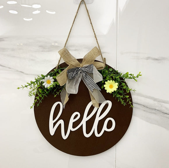 NNEDSZ Brown Rustic 'Hello' Welcome Sign - Farmhouse Round Wooden Wreath for Front Door Decor