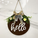 NNEDSZ Brown Rustic 'Hello' Welcome Sign - Farmhouse Round Wooden Wreath for Front Door Decor