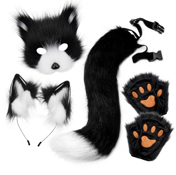 NNEDSZ Black and white Halloween Furry Fox Costume Set - Plush Mask, Ears Headband, Tail, and Paws for Cosplay