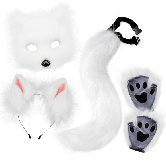 NNEDSZ White Halloween Furry Fox Costume Set - Plush Mask, Ears Headband, Tail, and Paws for Cosplay