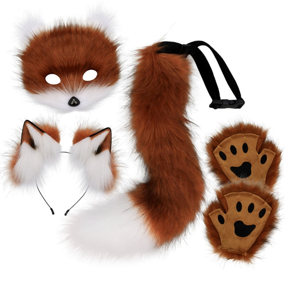 NNEDSZ Reddish-brown Halloween Furry Fox Costume Set - Plush Mask, Ears Headband, Tail, and Paws for Cosplay