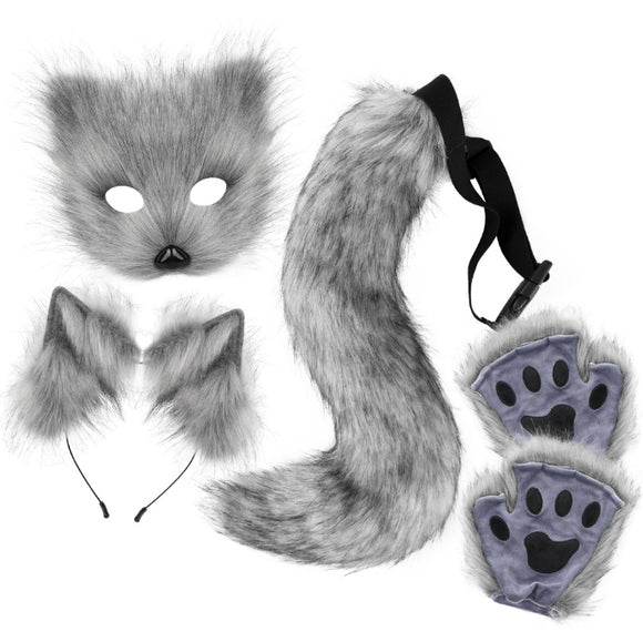 NNEDSZ Dark grey Halloween Furry Fox Costume Set - Plush Mask, Ears Headband, Tail, and Paws for Cosplay