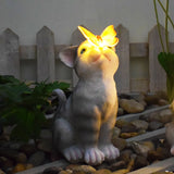 NNEDSZ Cats and Butterflies Charming Solar-Powered Animal Garden Statue - Waterproof Resin Figurine with Glowing LED Accents