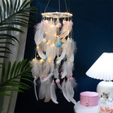 NNEDSZ Pink Boho Pom Pom Feather Dreamcatcher - Whimsical Hanging Mobile for Girls Bedroom & Nursery Decor