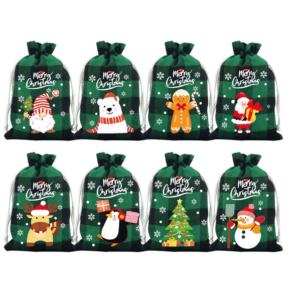 NNEDSZ Green grid Christmas Gift Drawstring Bags Set - Festive Burlap Style Pouches for Candy & Apples - Holiday Decoration - 10 Pcs