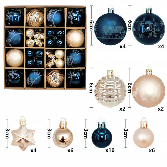 NNEDSZ Navy blue and white 44-Piece Assorted Christmas Baubles Set with Elegant Designs in Wooden Gift Box - 3-6cm Decorative Ornaments for Tree, Home & Holiday Display