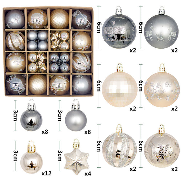 NNEDSZ Grey and champagne gold 44-Piece Assorted Christmas Baubles Set with Elegant Designs in Wooden Gift Box - 3-6cm Decorative Ornaments for Tree, Home & Holiday Display
