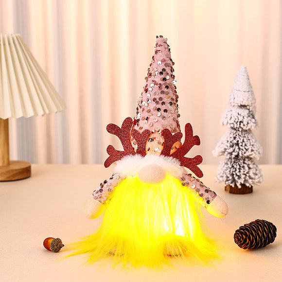 NNEDSZ Light-Up Christmas Gnome Plush Doll with Sequin Hat & Antlers - Festive LED Tabletop Decoration(pink)