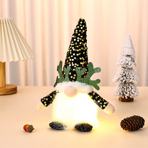 NNEDSZ Light-Up Christmas Gnome Plush Doll with Sequin Hat & Antlers - Festive LED Tabletop Decoration(gold)