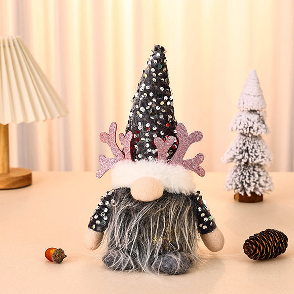 NNEDSZ Light-Up Christmas Gnome Plush Doll with Sequin Hat & Antlers - Festive LED Tabletop Decoration(silver)