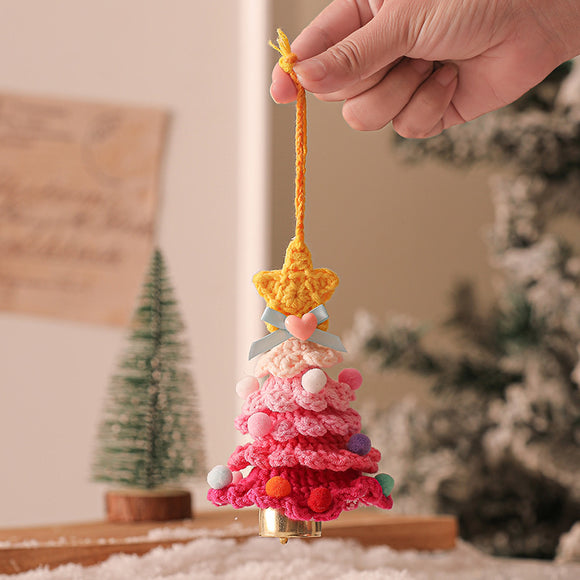 NNEDSZ 2 Pcs Style A Yellow and Pink Handmade Crochet Christmas Tree Ornament - Festive Hanging Decoration with Jingle Bell