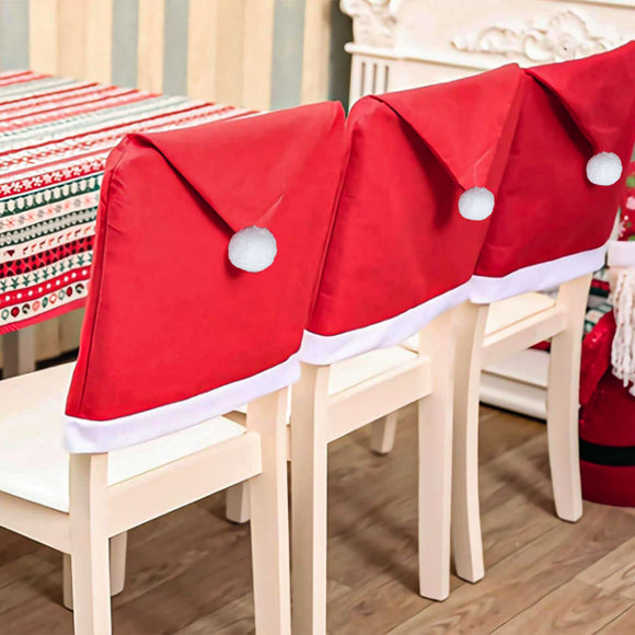 NNEDSZ Red Festive Santa Hat Dining Chair Covers - Set of 8 for Holiday Party Decoration