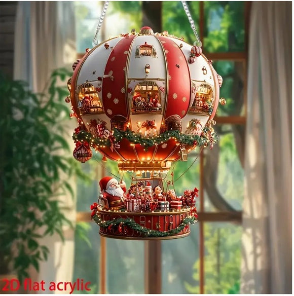 NNEDSZ Red Whimsical Santa's Hot Air Balloon Ornament - 2D Flat Acrylic Hanging Decoration for Wall & Tree