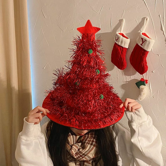 NNEDSZ Red Sparkly Tinsel Christmas Tree Hat - Festive Holiday Party Headwear for Adults & Kids