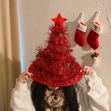 NNEDSZ Red Sparkly Tinsel Christmas Tree Hat - Festive Holiday Party Headwear for Adults & Kids
