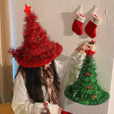 NNEDSZ Red Sparkly Tinsel Christmas Tree Hat - Festive Holiday Party Headwear for Adults & Kids