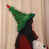 NNEDSZ Green Sparkly Tinsel Christmas Tree Hat - Festive Holiday Party Headwear for Adults & Kids
