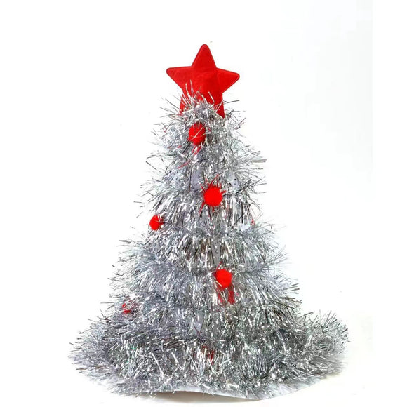 NNEDSZ Silver Sparkly Tinsel Christmas Tree Hat - Festive Holiday Party Headwear for Adults & Kids
